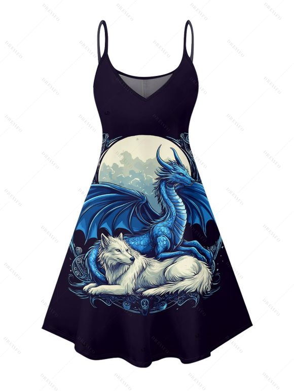 Robe de vacances à motif dragon animal lune, bretelles spaghetti, col en V, coupe trapèze, mini-robe débardeur - Bleu de Minuit XXXXXL | US 20