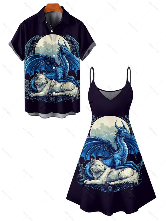 Vacation Couple Outfit Dragon Animal Moon Pattern Spaghetti Strap Tank Dress and Button Up Shirt Matching Outfit - Bleu de Minuit S | US 4
