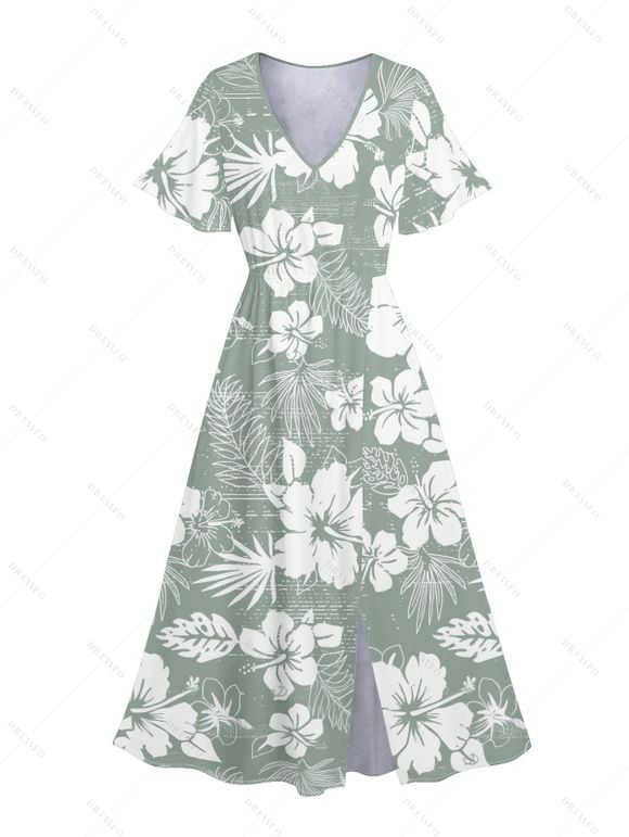 Robe de Vacances Mi-Longue Fleurie Imprimée Manches Bouffantes à Col V - Vert clair XXL | US 14