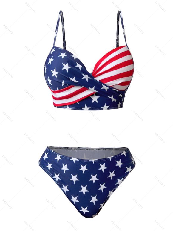 Maillot de bain tankini à bretelles spaghetti torsadées avec imprimé drapeau américain et étoiles, pour le jour de l'indépendance, à armatures et push-up - multicolor XL | US 10