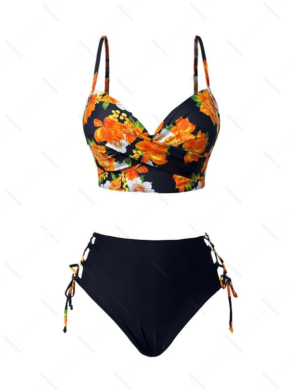 Maillot de bain tankini à imprimé floral, bretelles spaghetti torsadées, lacets, ajouré, à armatures, push-up, pour les vacances - Noir S | US 4