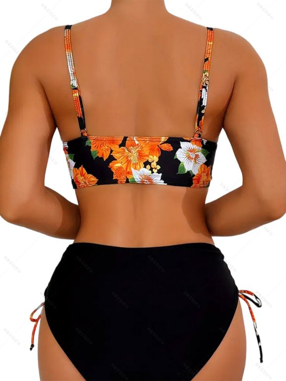 Maillot de bain tankini à imprimé floral, bretelles spaghetti torsadées, lacets, ajouré, à armatures, push-up, pour les vacances - Noir XL | US 10