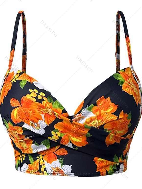 Maillot de bain tankini à imprimé floral, bretelles spaghetti torsadées, lacets, ajouré, à armatures, push-up, pour les vacances - Noir XL | US 10