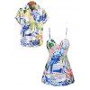 Vacation Couple Outfit Leaf Flower Banana Letter Printed Spaghettis Strap Swim Top and Briefs Swimsuit and Button Up Shirt Beach Matching Outfit - Blanc S | US 4