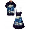 Vacation Couple Outfit Dragon Animal Moon Pattern Spaghetti Strap Tank Dress and Button Up Shirt Matching Outfit - Bleu de Minuit S | US 4