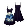 Vacation Couple Outfit Dragon Animal Moon Pattern Spaghetti Strap Tank Dress and Button Up Shirt Matching Outfit - Bleu de Minuit S | US 4