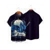 Vacation Couple Outfit Dragon Animal Moon Pattern Spaghetti Strap Tank Dress and Button Up Shirt Matching Outfit - Bleu de Minuit S | US 4