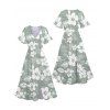 Robe de Vacances Mi-Longue Fleurie Imprimée Manches Bouffantes à Col V - Vert clair XXL | US 14