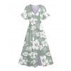 Robe de Vacances Mi-Longue Fleurie Imprimée Manches Bouffantes à Col V - Vert clair XXL | US 14