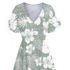 Robe de Vacances Mi-Longue Fleurie Imprimée Manches Bouffantes à Col V - Vert clair XXL | US 14