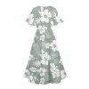 Robe de Vacances Mi-Longue Fleurie Imprimée Manches Bouffantes à Col V - Vert clair XXL | US 14