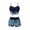 Beach Couple Outfit Tropical Leaf Print Cinched Ruched Bust Swim Top Bowknot Boyshorts Swimsuit and Button Up Shirt Vacation Matching Outfit - Bleu de Minuit S | US 4