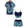 Beach Couple Outfit Tropical Leaf Print Cinched Ruched Bust Swim Top Bowknot Boyshorts Swimsuit and Button Up Shirt Vacation Matching Outfit - Bleu de Minuit S | US 4