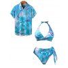 Vacation Couple Outfit Abstract Wave Printed Halter Side Swim Top Bowknot Briefs Swimsuit and Button Up Shirt Beach Matching Outfit - Bleu clair S | US 4