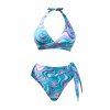 Vacation Couple Outfit Abstract Wave Printed Halter Side Swim Top Bowknot Briefs Swimsuit and Button Up Shirt Beach Matching Outfit - Bleu clair S | US 4