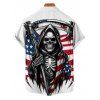 Chemise homme à rayures et motif tête de mort et étoiles, motif drapeau américain, boutonnée, retroussée, manches courtes, style patriotique - Blanc 5XL