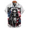 Chemise homme à rayures et motif tête de mort et étoiles, motif drapeau américain, boutonnée, retroussée, manches courtes, style patriotique - Blanc 5XL