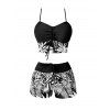 Beach Couple Outfit Tropical Leaf Print Cinched Ruched Bust Swim Top Bowknot Boyshorts Swimsuit and Button Up Shirt Vacation Matching Outfit - Noir S | US 4