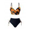 Maillot de bain tankini à imprimé floral, bretelles spaghetti torsadées, lacets, ajouré, à armatures, push-up, pour les vacances - Noir S | US 4