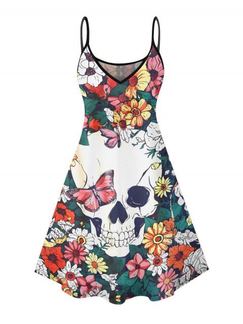 Robe gothique à motif floral, motif papillon et tête de mort, bretelles spaghetti, col en V, coupe trapèze, mini-robe de vacances