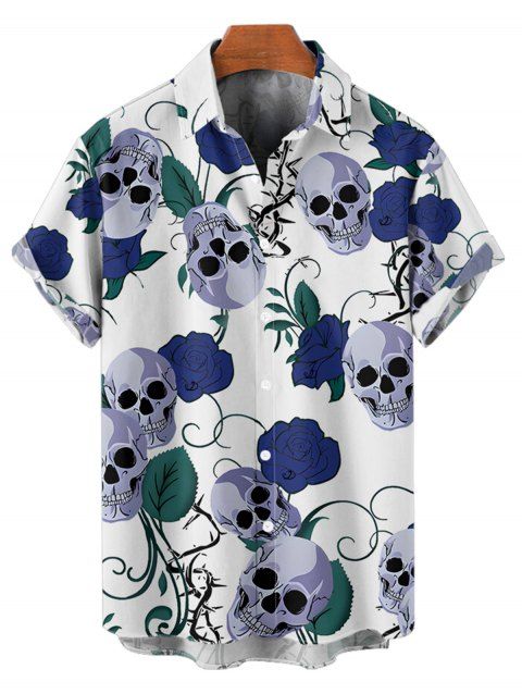 Chemise gothique à manches courtes et boutons pour homme, motif floral et feuilles, motif tête de mort, style vacances