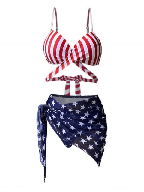 American Flag Star Striped Print Crossover Independence Day Bikini Swimsuit Briefs Side Tied Three Piece Patriotic Beach Swimwear