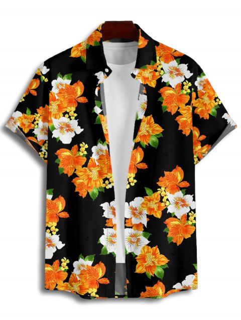 Chemise de vacances à motif floral coloré pour homme, boutonnée, retroussée, manches courtes, pour la plage