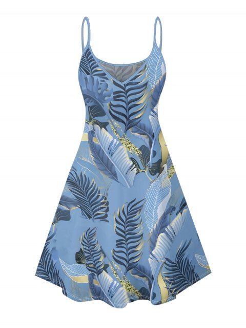Robe de plage à imprimé feuilles tropicales, bretelles spaghetti, col en V, coupe trapèze, mini-robe décontractée