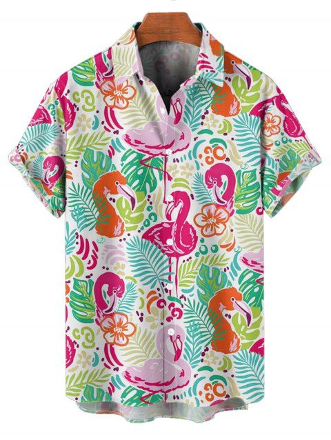 Chemise de vacances à manches courtes et boutons pour homme, motif flamant rose, motif floral et feuilles, décontractée