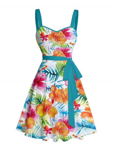 Robe de vacances à motif floral tropical et feuilles, ceinture froncée sur le buste, col en cœur, mini robe hawaïenne trapèze