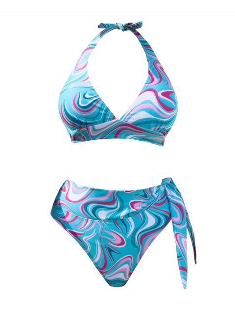 Maillot de Bain de Plage Ouvert Au Dos Abstrait Imprimé à Taille Haute avec Nœud Papillon