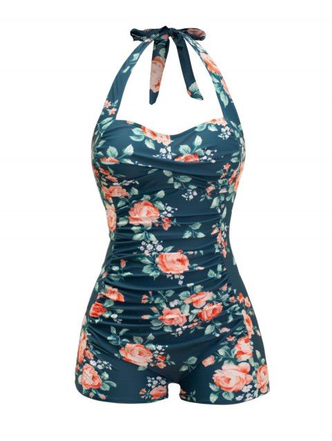 Maillot de Bain de Plage Motif de Feuille Tropicale à Volants Une-Pièce