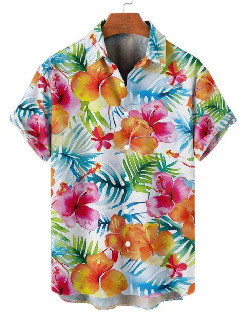 Chemise hawaïenne à manches courtes et boutons pour homme, motif floral tropical et feuilles