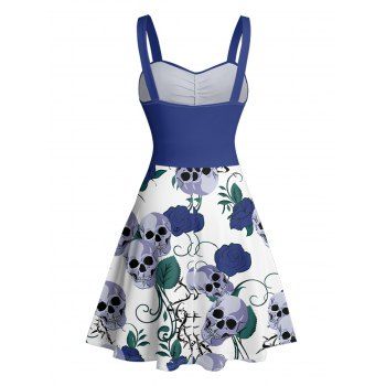 Skulls Floral Leaf Pattern Ruched Bust Belt Gothic Dress Sweetheart Neck A Line Mini Vacation Dress
