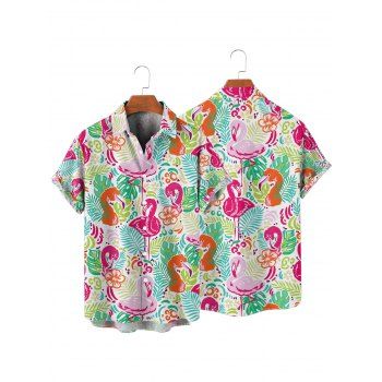 Vacation Couple Outfit Floral Leaf Flamingo Pattern Spaghetti Strap Tank Dress and Button Up Shirt Casual Matching Outfit