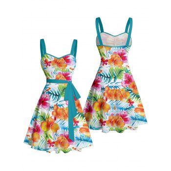 Tropical Floral Leaf Pattern Ruched Bust Belt Vacation Dress Sweetheart Neck A Line Mini Hawaii Dress