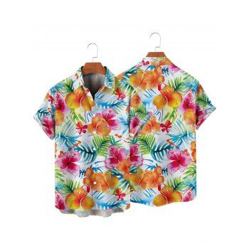 Vacation Couple Outfit Tropical Floral Leaf Pattern Ruched Bust Belt Dress and Button Up Shirt Hawaii Matching Outfit
