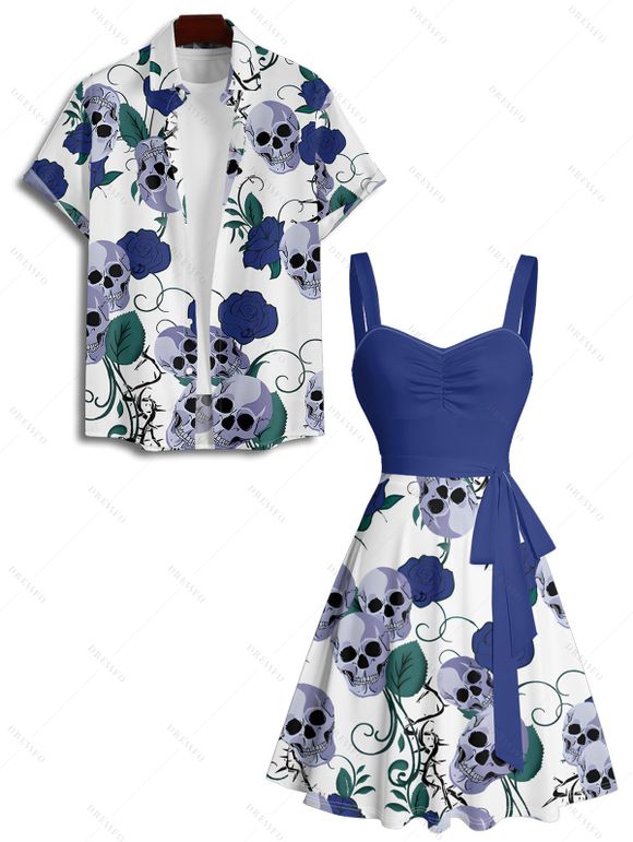 Vacation Couple Outfit Skulls Floral Leaf Pattern Ruched Bust Belt Sweetheart Neck Dress and Button Up Shirt Gothic Matching Outfit - Bleu profond S | US 4