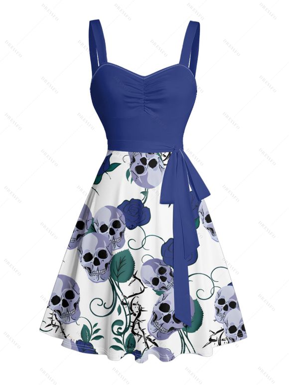 Robe gothique à motif floral et feuilles, buste froncé, ceinture, décolleté en cœur, coupe trapèze, mini robe de vacances - Bleu profond XXXXXL | US 20