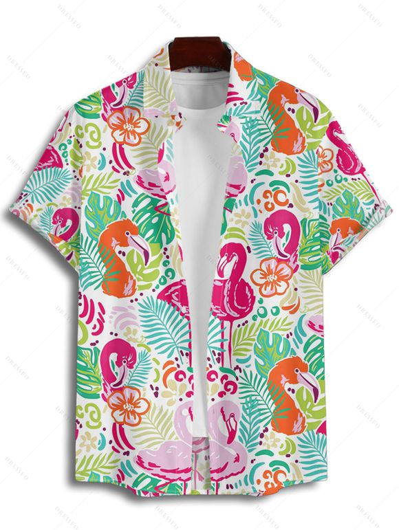 Chemise de vacances à manches courtes et boutons pour homme, motif flamant rose, motif floral et feuilles, décontractée - multicolor A 4XL