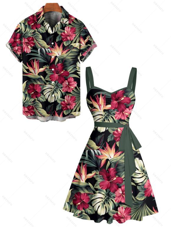 Vacation Couple Outfit Tropical Floral Leaf Pattern Ruched Bust Belt Dress and Button Up Shirt Hawaii Matching Outfit - Noir S | US 4