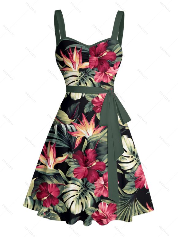 Robe de vacances à motif floral tropical et feuilles, ceinture froncée sur le buste, col en cœur, mini robe hawaïenne trapèze - Noir S | US 4