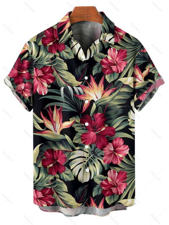 Chemise hawaïenne à manches courtes et boutons pour homme, motif floral tropical et feuilles - Noir S