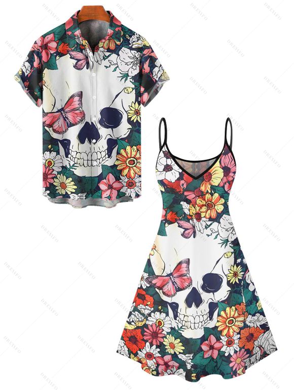 Gothic Couple Outfit Skulls Butterfly Floral Pattern Dress Spaghetti Strap Tank Dress and Button Up Shirt Vacation Matching Outfit - multicolor S | US 4