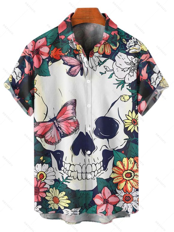 Gothic Couple Outfit Skulls Butterfly Floral Pattern Dress Spaghetti Strap Tank Dress and Button Up Shirt Vacation Matching Outfit - multicolor S | US 4