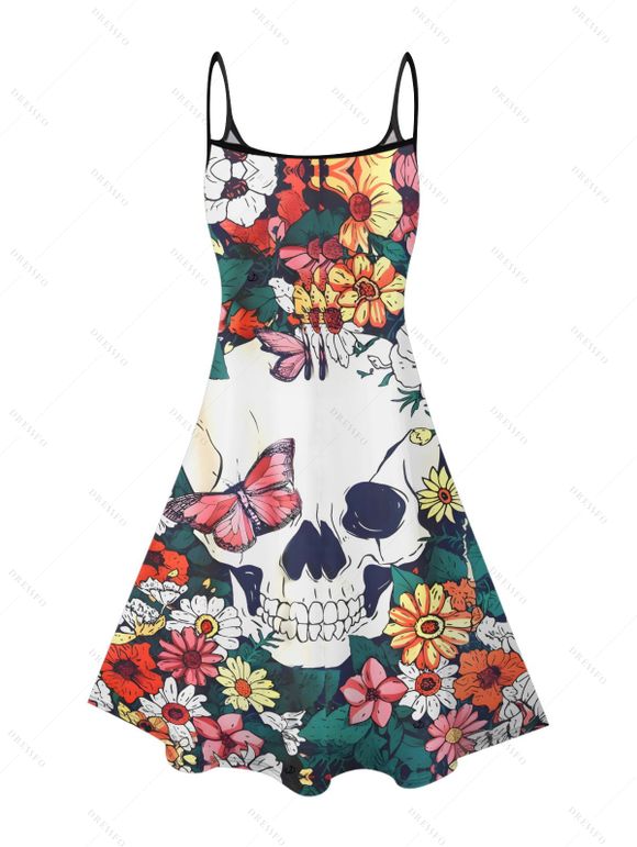 Robe gothique à motif floral, motif papillon et tête de mort, bretelles spaghetti, col en V, coupe trapèze, mini-robe de vacances - multicolor XXXL | US 16