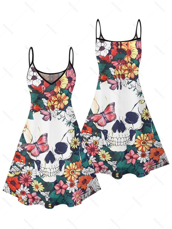 Robe gothique à motif floral, motif papillon et tête de mort, bretelles spaghetti, col en V, coupe trapèze, mini-robe de vacances - multicolor XXXL | US 16