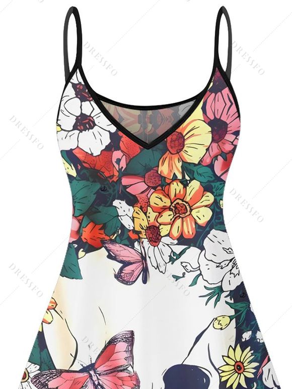Robe gothique à motif floral, motif papillon et tête de mort, bretelles spaghetti, col en V, coupe trapèze, mini-robe de vacances - multicolor XXXL | US 16
