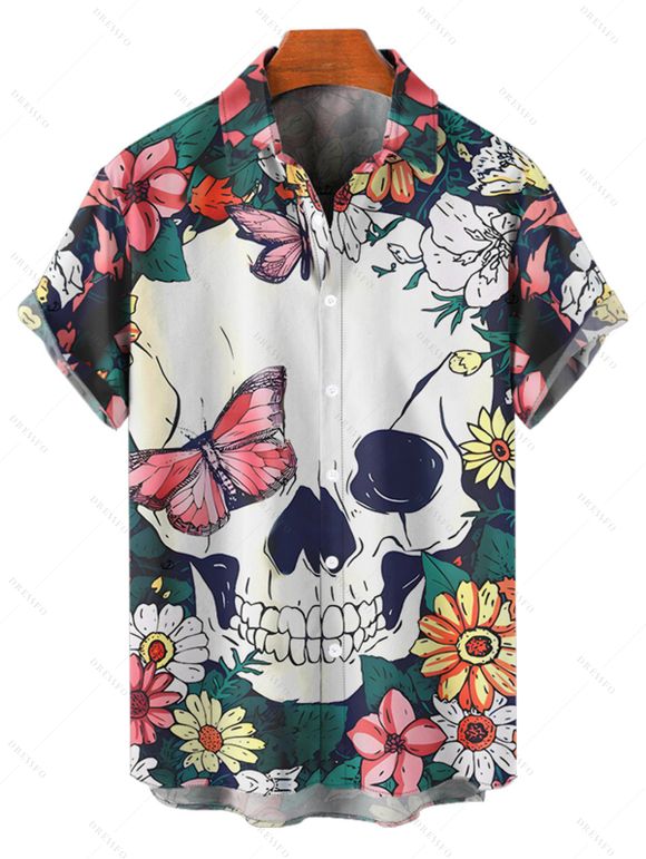 Chemise gothique à manches courtes et boutons pour homme, motif floral, motif tête de mort, papillon, vacances - multicolor 5XL