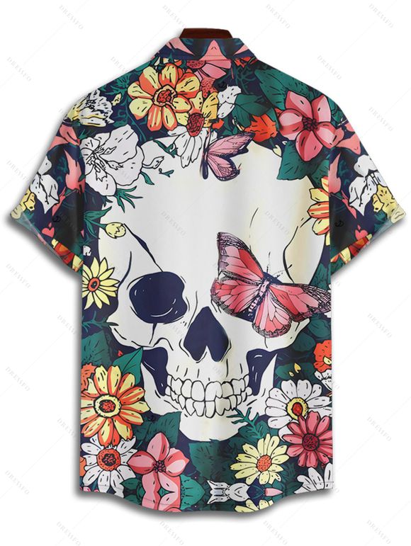 Chemise gothique à manches courtes et boutons pour homme, motif floral, motif tête de mort, papillon, vacances - multicolor 4XL